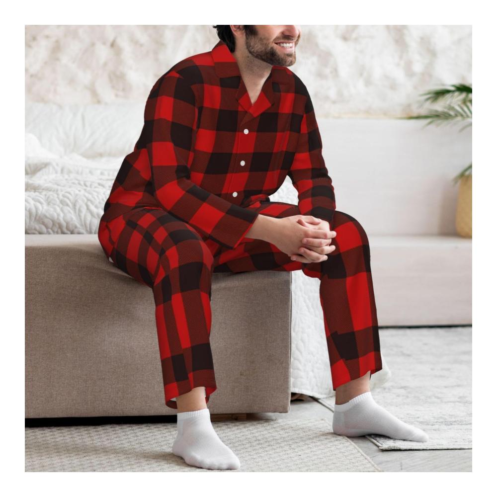 Entspannen Sie stilvoll Herren-Pyjama-Set in kariertem Rot und Schwarz für maximalen Komfort und modischen Schlafgenuss. Perfekte Nächte beginnen hier