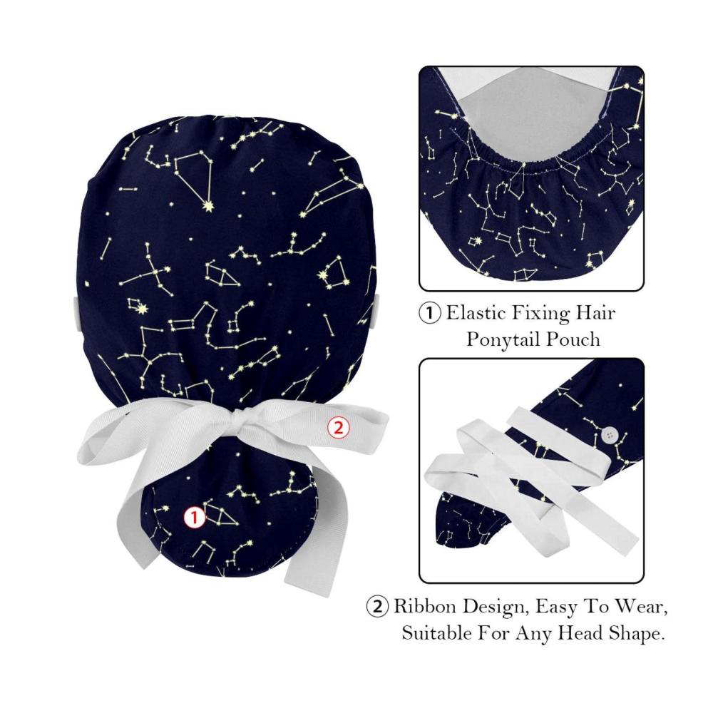 Stilvoll geschützt 2 Schirmmützen mit Pferdeschwanzbeutel und Knöpfen - Einstellbar Unisex-Design - Ideal für OPs und den Alltag - Cartoon Constellation Print