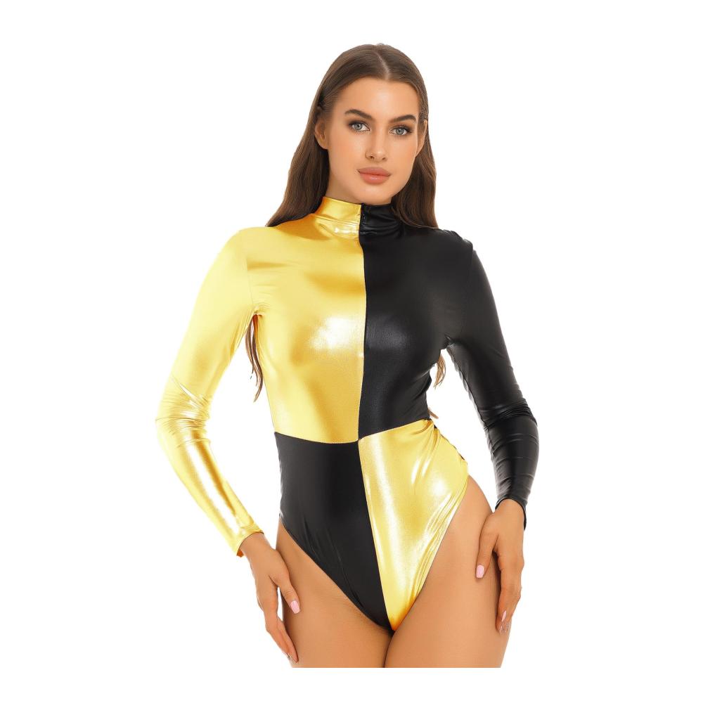 Verführerischer metallisch glänzender Damen-Body für Pole Dancing & mehr Langärmelig Stehkragen unsichtbarer Reißverschluss. Perfekt für Gymnastik Cosplay & Clubwear