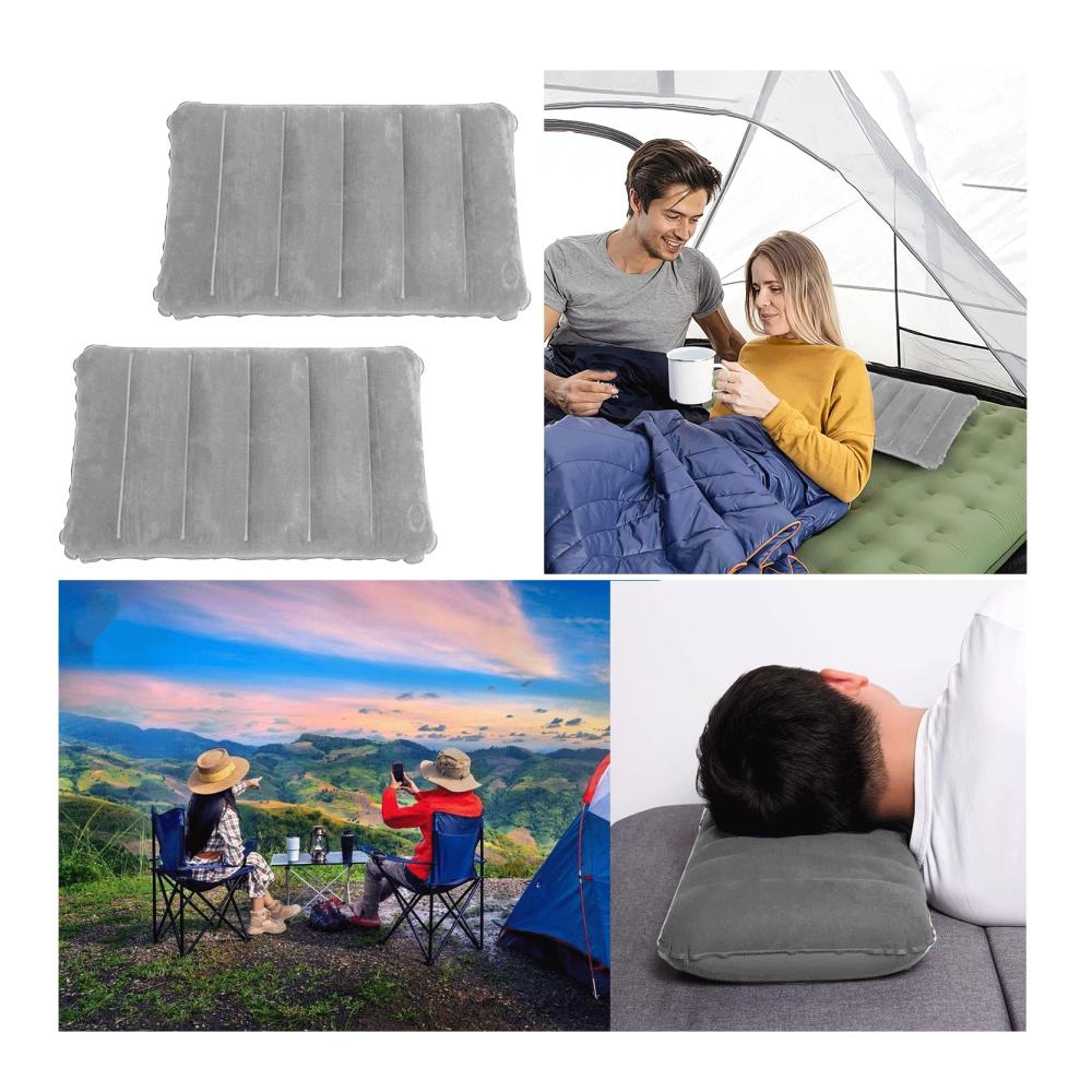 Ultimativer Komfort für unterwegs! 2er-Pack Aufblasbare Kissen – Camping Auto Strand und Büro. Beflockt und bequem für Nacken und Kopf. Ideal für Outdoor-Abenteuer und Reisen. In Grau