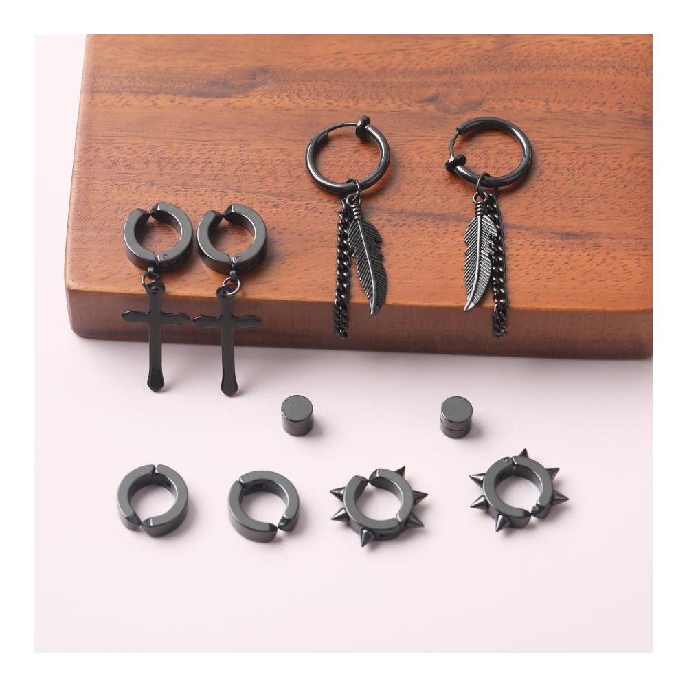 Edelstahl Magnet Ohrringe Set – 5 Paar Nicht-Durchdringende Creolen & Ohrstecker Clips für Herren Damen & Mädchen. Nickelfrei & Schwarz Perfekt für den Punk-Look