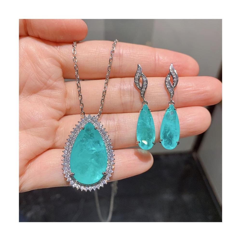 Elegante Hochzeitsschmuck-Sets Schmuck-Sets mit Lake Blue Paraiba Turmalin. Luxuriöse 925 Sterling Silber Anhänger-Halskette und Ohrringe für Frauen von YUANNYIN. Entdecken Sie den Trend