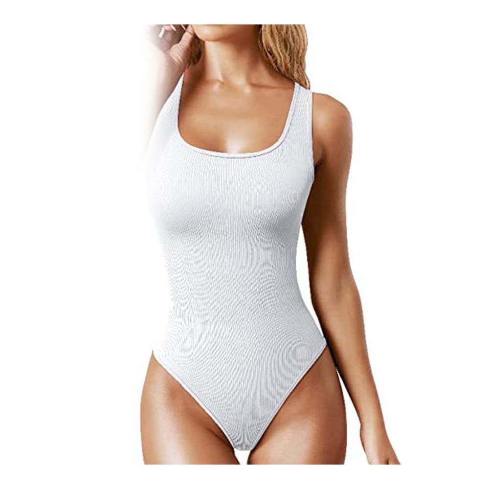 Einzigartiger Damen Body Ärmellos niedriger Ausschnitt schmale Passform. Komfortabler Bodysuit mit Korsett-Strumpfhose. Weißes Highlight. Perfektion in einem Stück