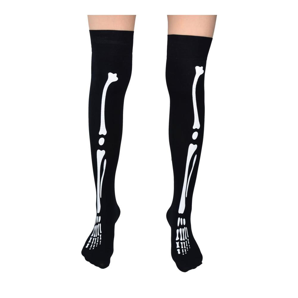 Erhalten Sie stilvolle Kniestrümpfe Elastische Damenstrümpfe mit Skelett-Design über dem Knie für einen gruseligen Touch. Perfekte schwarze Socken für jedes Outfit