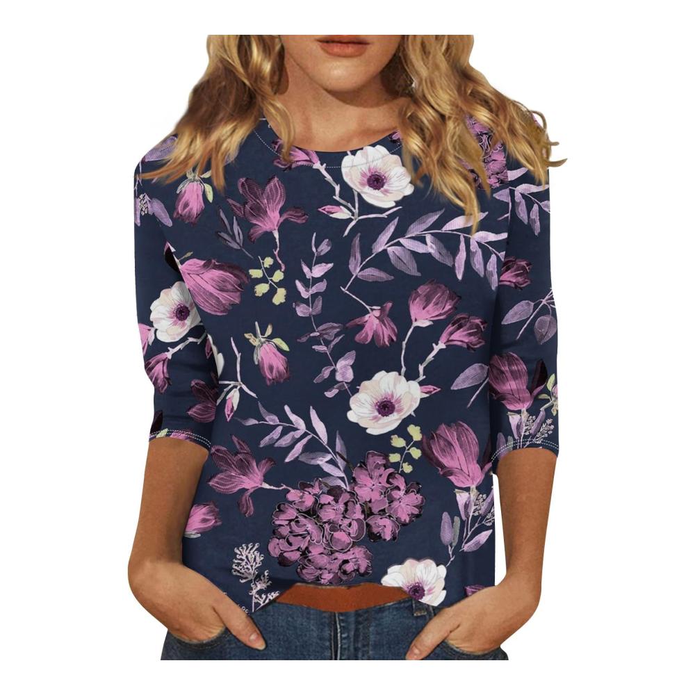 Trendiges T-Shirt Damen Löwenzahn-Print 3/4 Arm Frühlingsfarben große Größen Schwarze Oberteile. Jetzt entdecken und stylisch durch den Frühling