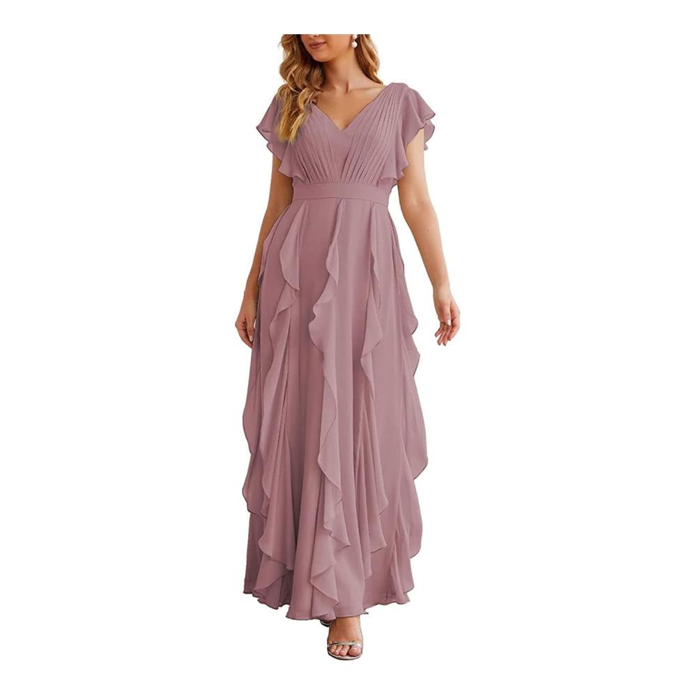 Einladendes Abendkleid Damen Brautjungfernkleid in Desert Rose 54 Plus Kurzarm V-Ausschnitt formell und partytauglich lang und gerüscht WYX505