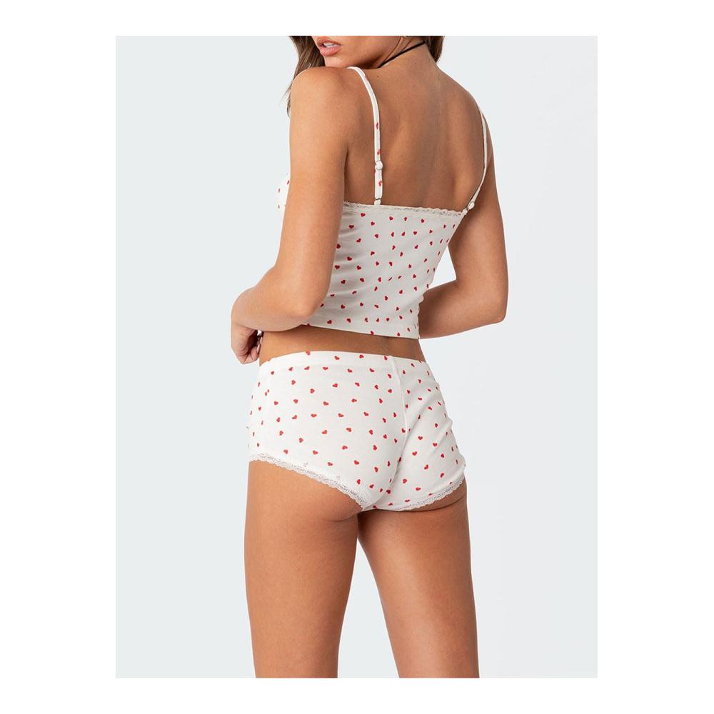 Entspannen Sie stilvoll Damen Schlafanzug-Set mit Blumendruck V-Ausschnitt ärmellos. Spitzen-Shorts Loungewear für angenehme Nächte. (I-Weiß Größe L