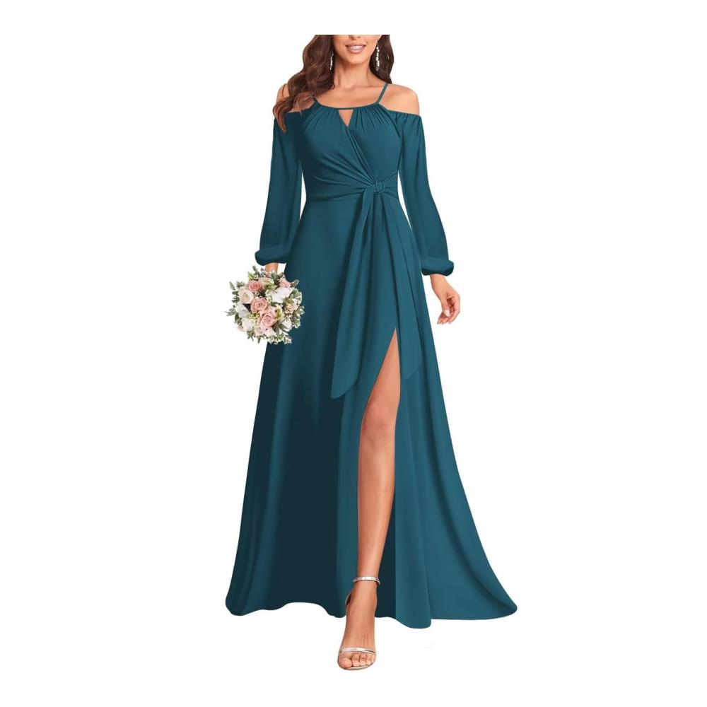 Entzückendes Langarm-Abendkleid für besondere Anlässe Schulterfrei formell mit Schlitz. Ein Muss für Eleganz! Damen Brautjungfernkleid in Pfau Größe 40