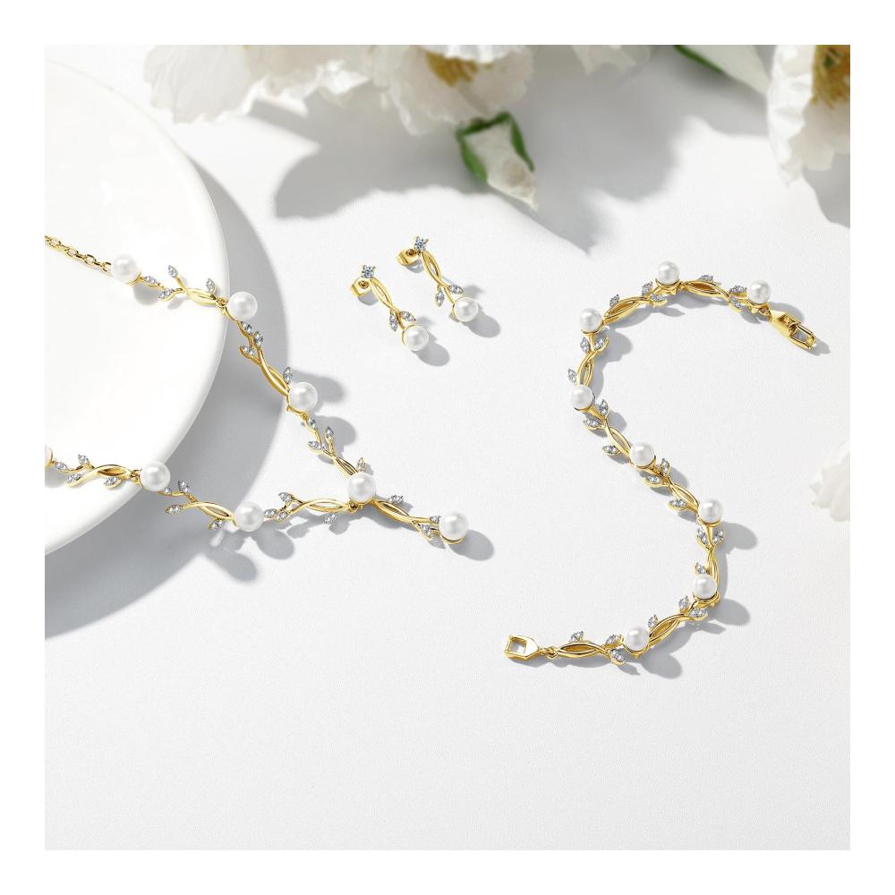Elegantes Hochzeit 925 Schmuckset Silberne Damen-Halskette Armband & Ohrringe in Blattform mit Perlen und Zirkonia. Perfekte Hochzeitstag-Geschenke für die Braut
