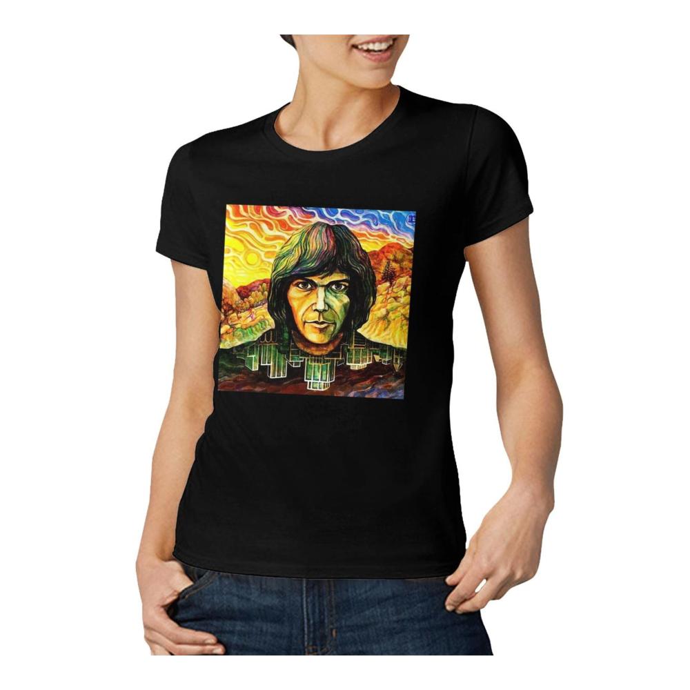 Einzigartiges Damen Baumwolle T-Shirt Stylisches Neil Young Crazy Horse Rundhals Kurzarm Tee in Schwarz - Perfekt für Frauen die sich wie ein Singer fühlen wollen