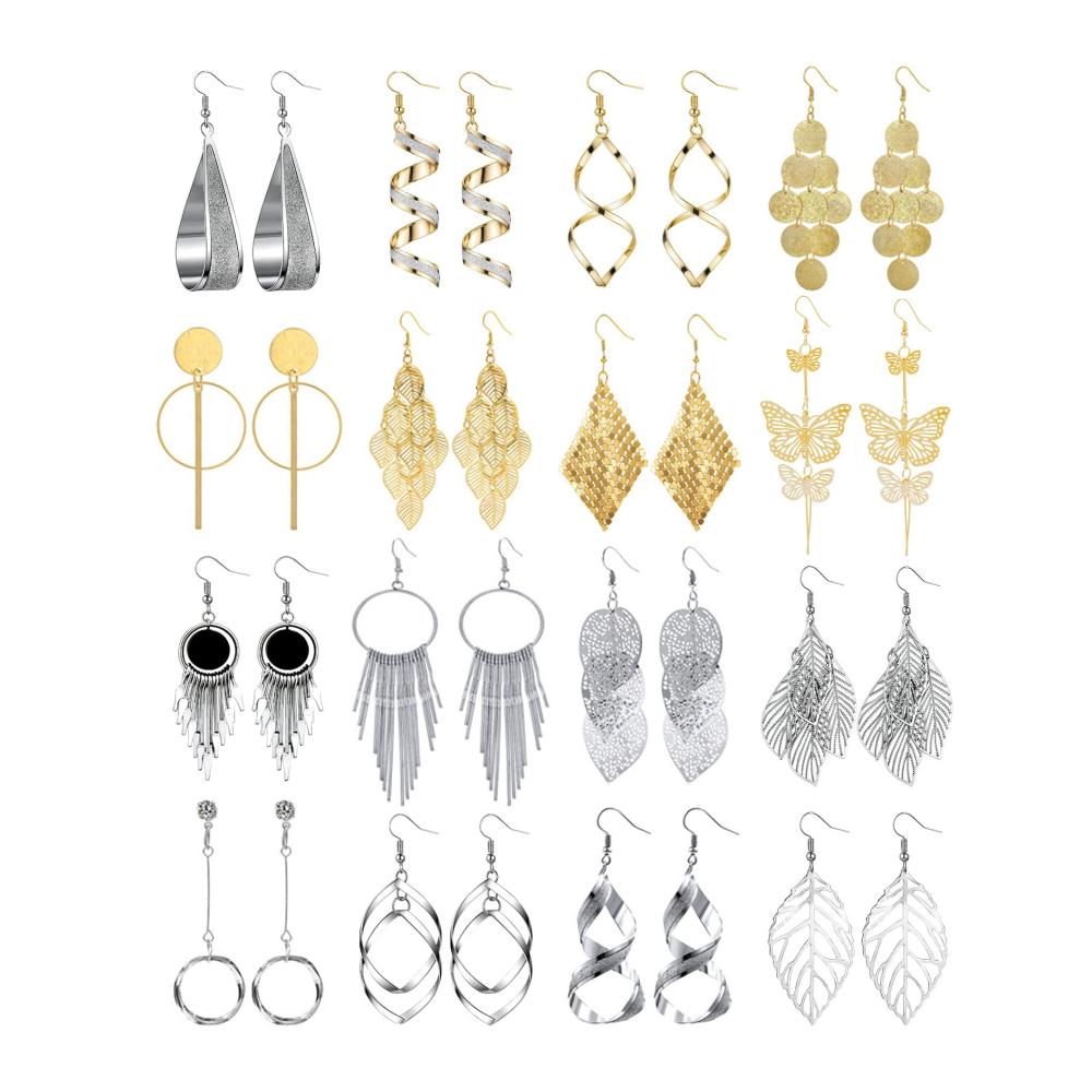 12 Paar Damen Ohrringe Set - Tropfen Blätter Quasten - Statement Ohrringe - Boho Vintage Modeschmuck - Silber - Attraktives Angebot für stilvolle Frauen und Mädchen