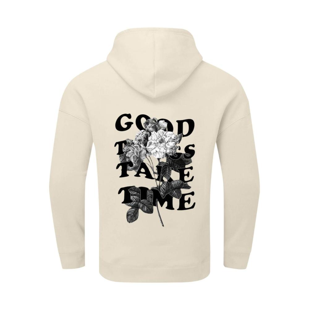 GOOD THINGS TAKE TIME - Anime Kapuzenpullover für Männer | Schwarzer Oversize Hoodie mit coolem Backprint | Vintage Streetwear Pullover | Y2K Style