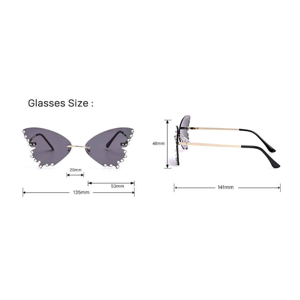 Entdecke den Glanz Randlose Sonnenbrille mit Diamanten und Schmetterlingsdesign für Frauen und Männer. Vintage Chic UV400-Schutz und stilvoll