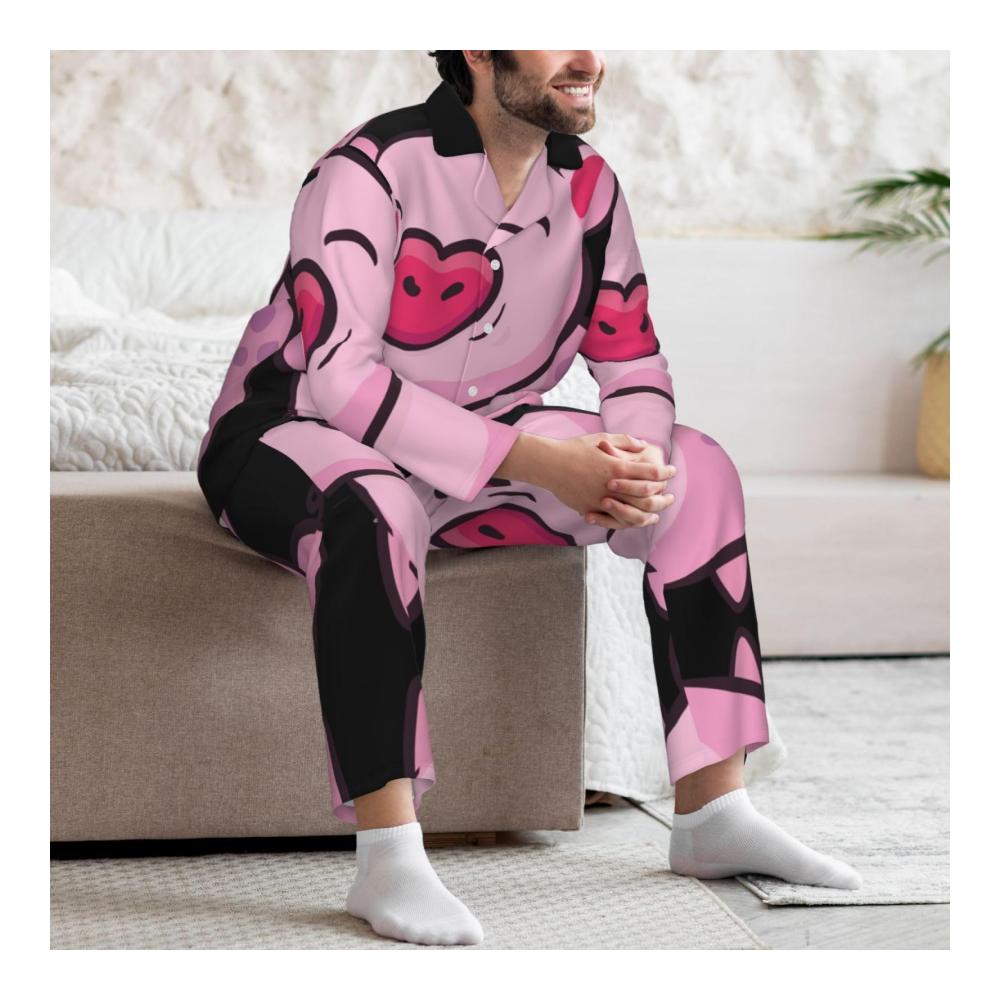 Gemütlicher Schlafanzug für Herren Modisches Langarm-Pyjama-Set mit niedlichem Pink Pig-Druck für erholsame Nächte