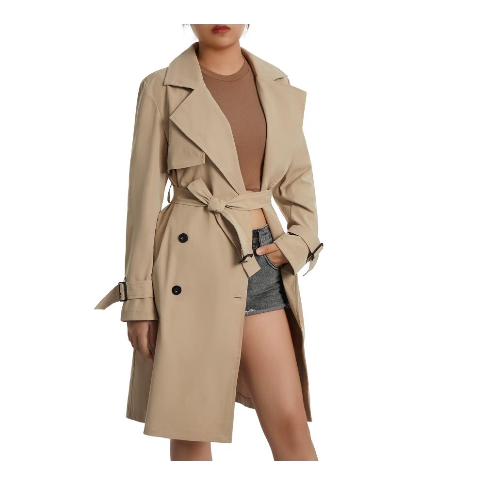 Erhalten Sie zeitlose Eleganz Damen Zweireihiger Trenchcoat - Stilvoller wasserdichter Mantel mit Gürtelschnalle für anspruchsvolle Oberbekleidung. Ideal für jede Saison