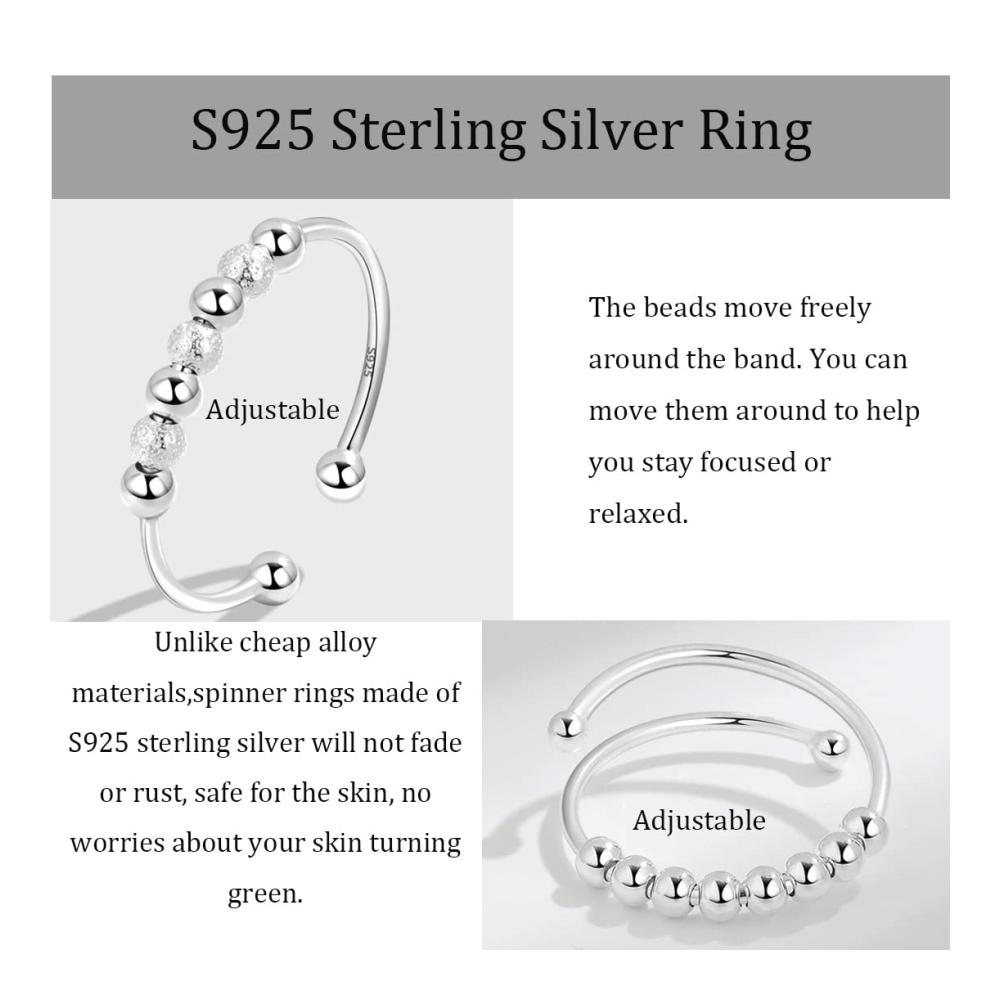 3er Set 925 Sterling Silber Spinner Ringe mit Perlenband | Verstellbare Stapelringe für Damen | Angstabbau und Stil in einem Ring | Beruhigende Fidget Ringe | Elegantes Rotieren und Stapeln