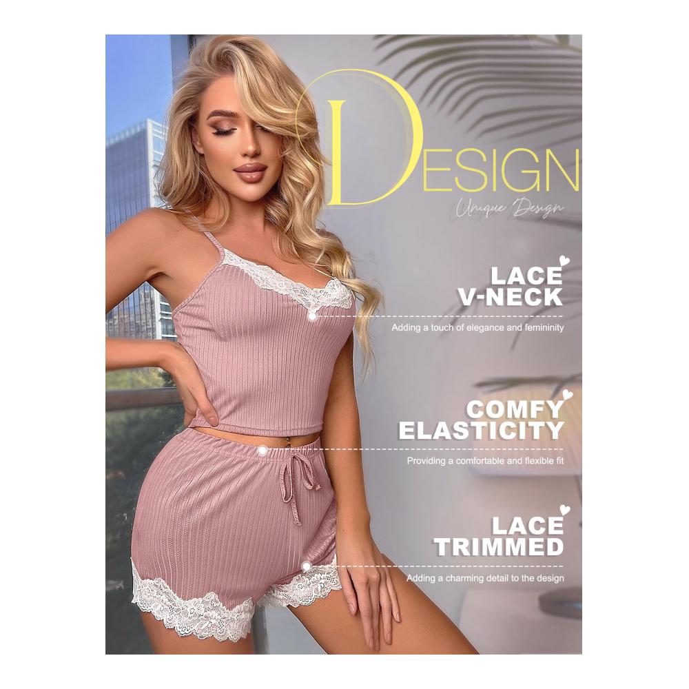 Eleganter Damen Schlafanzug Romantische Spitze Kurztop und Hose Set in Rosa – Perfekte Nachtwäsche für stilvolle Nächte voller Komfort und Charme