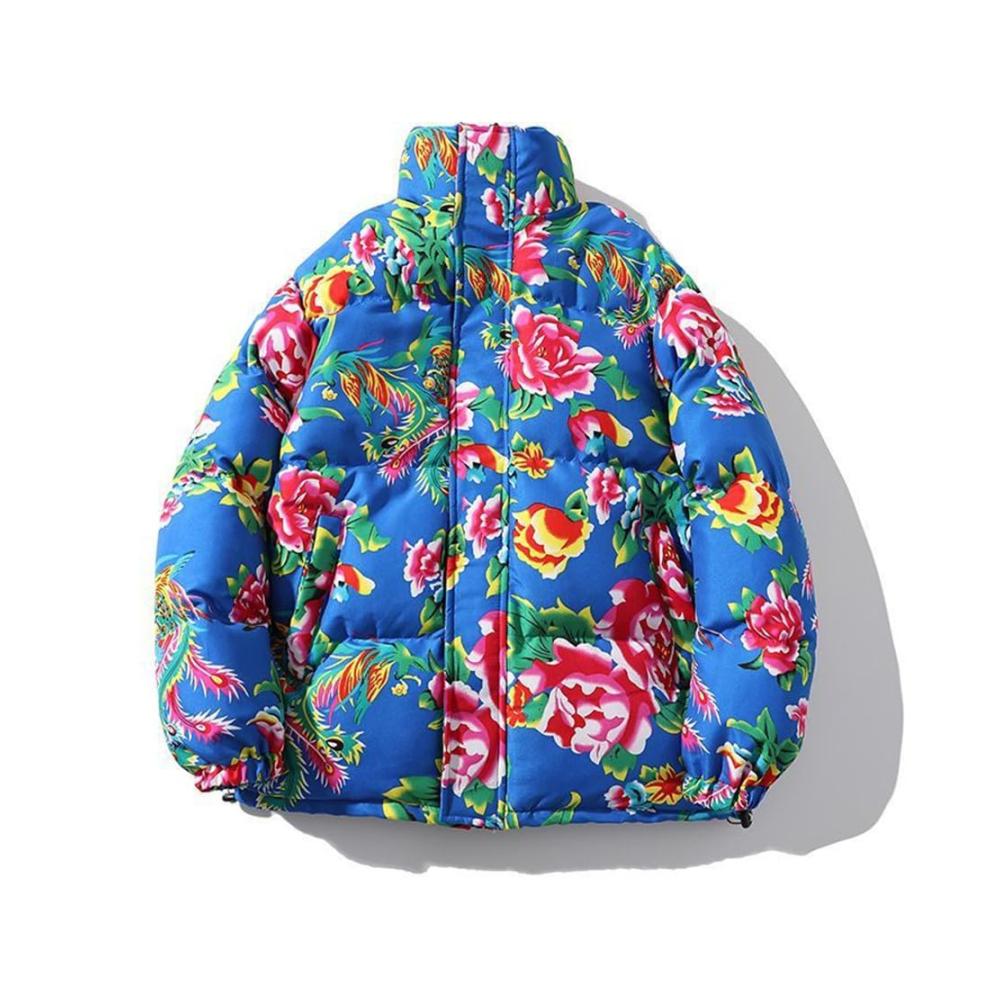 Stylischer Blumenmuster-Baumwollmantel für Damen – Nordost Big Flower Winterjacke – Warme Jacke für kalte Tage – Blau