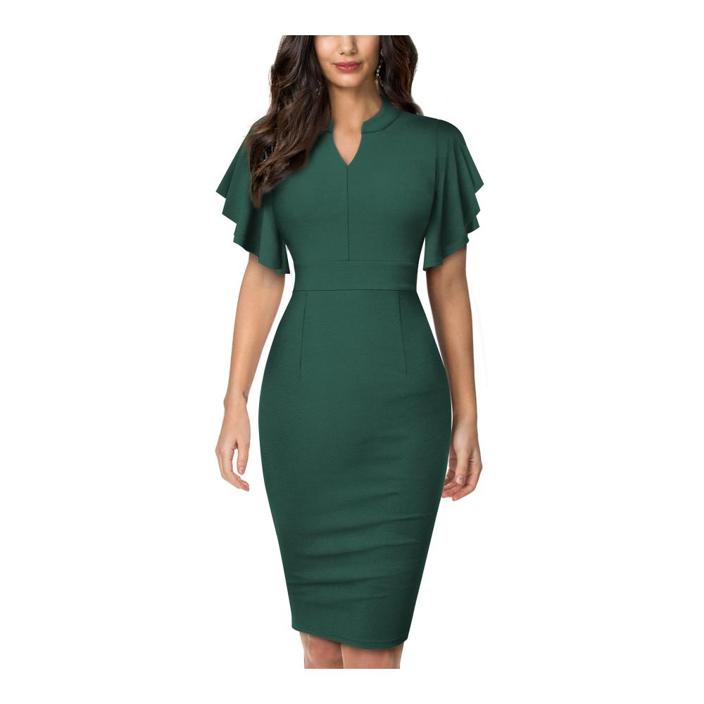 Entdecken Sie das ultimative Businesskleid Damen Elegant V-Ausschnitt mit Rüschen Sleeve Stretch Party Kleid B572 für stilvolle Meetings und Geschäftsanlässe