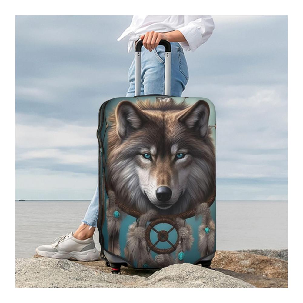 Schützen Sie Ihr Reisegepäck mit Stil! Elastische waschbare und staubdichte Kofferabdeckung mit atemberaubendem 3D-Wolf-Traumfänger-Druck. Passend für 457-813 cm Gepäck. Schwarz S