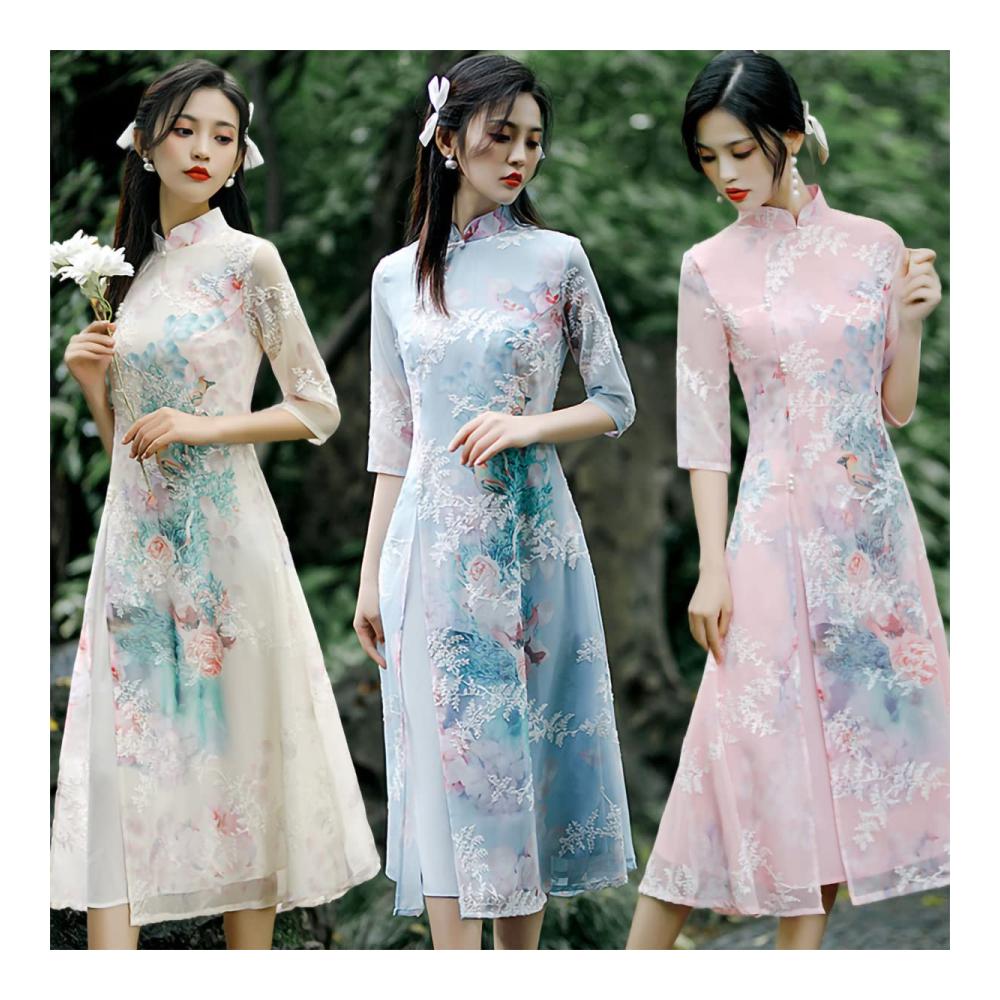 Entdecken Sie stilvolle Freizeitmode Damen-Sommerkleid mit besticktem Ao Dai Cheongsam-Design und chinesischem klassischem Tang-Anzug. Perfekt für Hanfu Qipao Liebhaberinnen