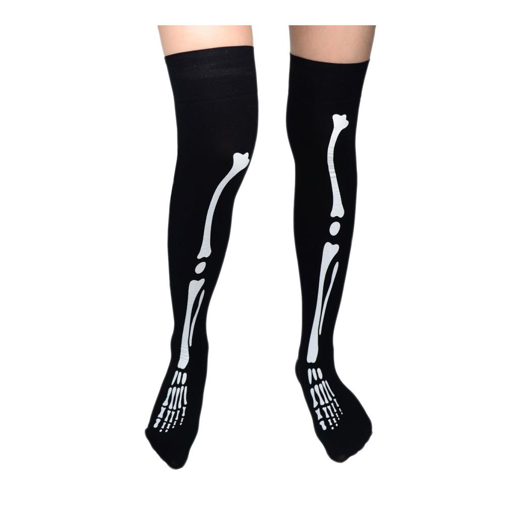 Erhalten Sie stilvolle Kniestrümpfe Elastische Damenstrümpfe mit Skelett-Design über dem Knie für einen gruseligen Touch. Perfekte schwarze Socken für jedes Outfit