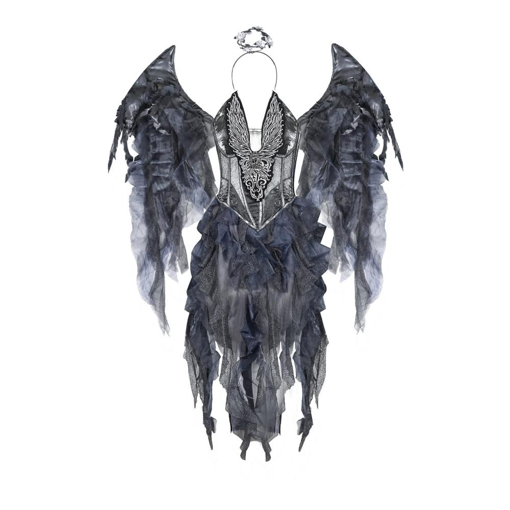 Damen Halloween Kostüm Set Gefallener Engel mit Heiligenschein Halskette Flügeln - Perfekt für Cosplay Karneval & Partys - Sexy Dark Angel Outfit - 4-teiliges Set