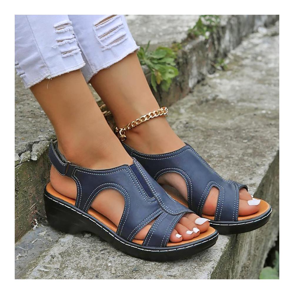 Bequeme Damen Sandalen Rutschfeste Flip Flops für Sommer und Strand | Leichte Plateau Pantoletten mit Keilabsatz | Blaue Riemen Sandalen in Größe 43