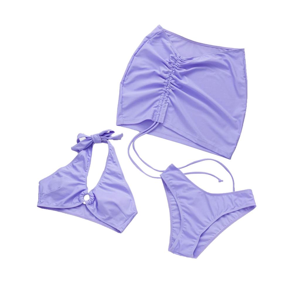 Entzückendes 3-teiliges Lila Bikini-Set für Strandfreuden | Verstellbarer Neckholder-Bikini-Badeanzug mit Strandrock zum Schnüren | Perfekt für Frauen und Mädchen am Strandurlaub