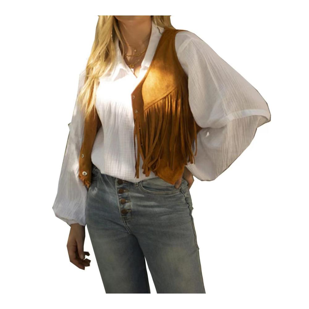 Trendige Damenweste im 70er-Jahre-Stil Leichte Hippie-Westen mit Quasten für lässige Streetwear. Ärmellose Jacke in lebendigen Farben – ein Must-have