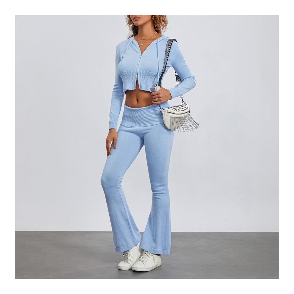 Entdecke den ultimativen Komfort mit unseren Y2k Damen-Outfits Gerippte Langarm-Trainingsanzüge mit bauchfreiem Hoodie und Bootcut-Hose! Jetzt in A-Blau erhältlich. Bestelle noch heute