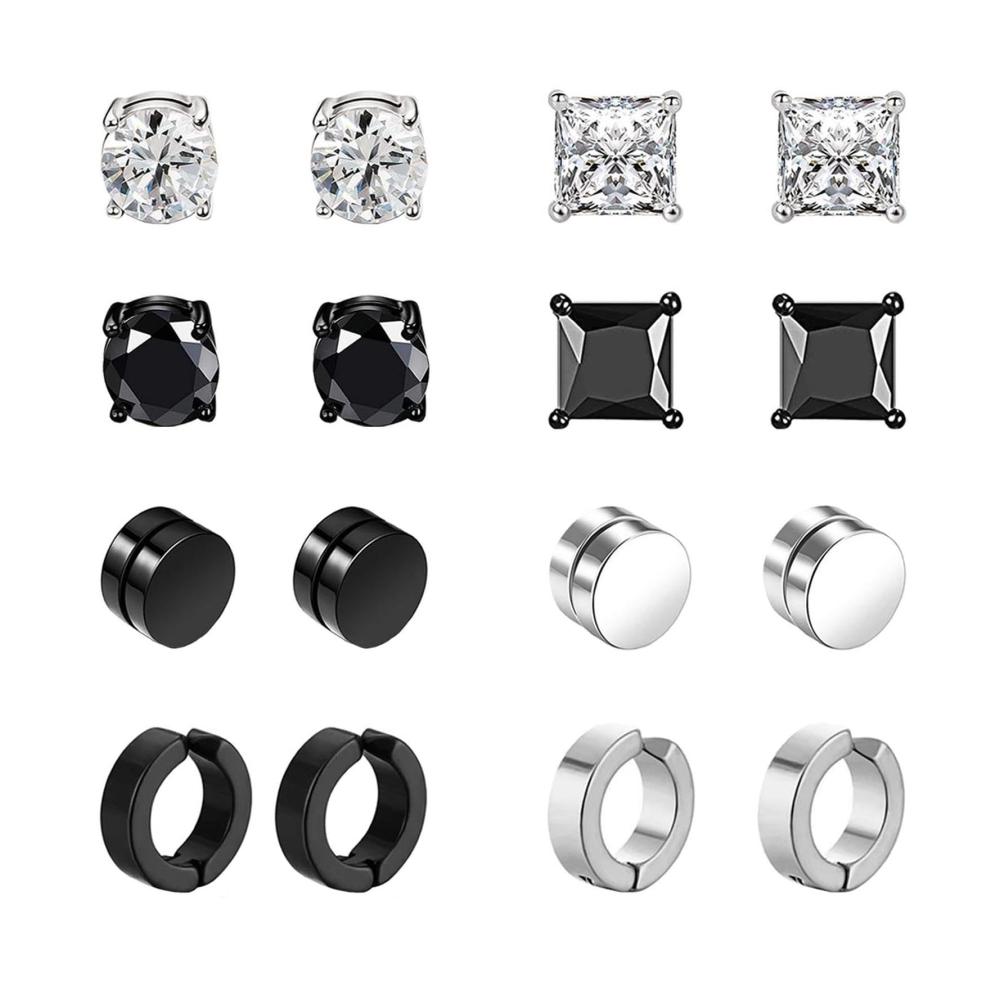 Entdecken Sie den glamourösen Glanz 8 Paar Edelstahl Magnet Ohrringe für Herren Damen Mädchen - Nicht Durchdringende CZ Clips Nickelfrei Schwarz - Einzigartiges Set