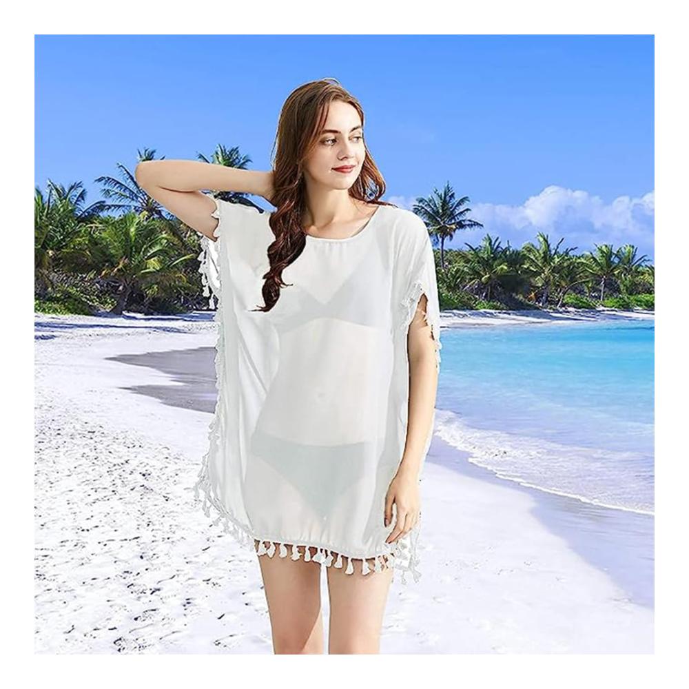 Trendige Damen Pareos & Strandkleider Sommer Strandponcho mit Quasten | Bikini Cover-Up für Strandurlaub | Weiß One Size