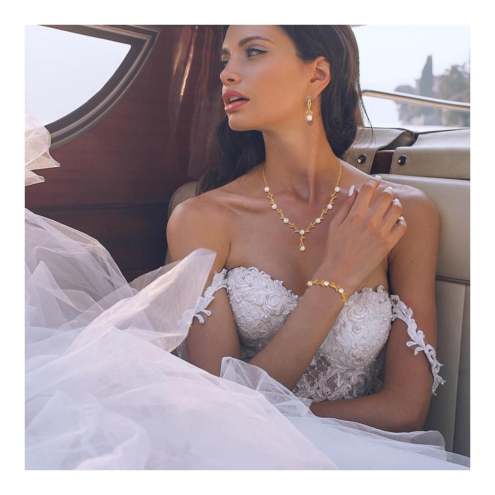 Elegantes Hochzeit 925 Schmuckset Silberne Damen-Halskette Armband & Ohrringe in Blattform mit Perlen und Zirkonia. Perfekte Hochzeitstag-Geschenke für die Braut