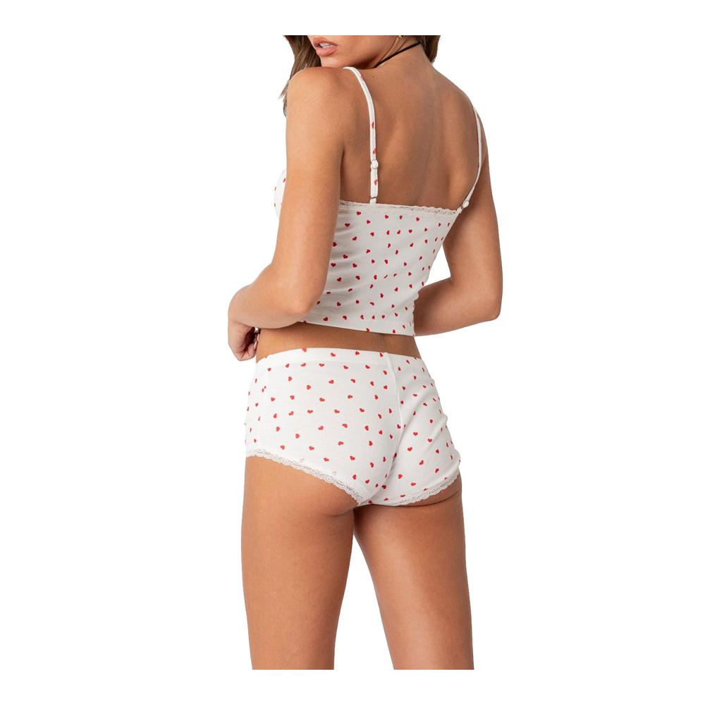 Entdecken Sie Ihren Stil Trendiges Y2k Damen-Pyjama-Set mit Spitzen-Shorts ärmellosem Cami-Top und Herzmuster. Perfekte Nachtwäsche für süße Träume