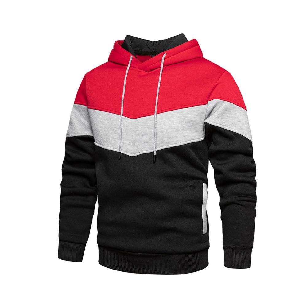 Entdecken Sie den Herren Kapuzenpullover Patchwork Stylischer Langarm Sweatshirt in Red L mit Tasche und Farbblock-Design ideal für sportliche Aktivitäten und lässige Outfits