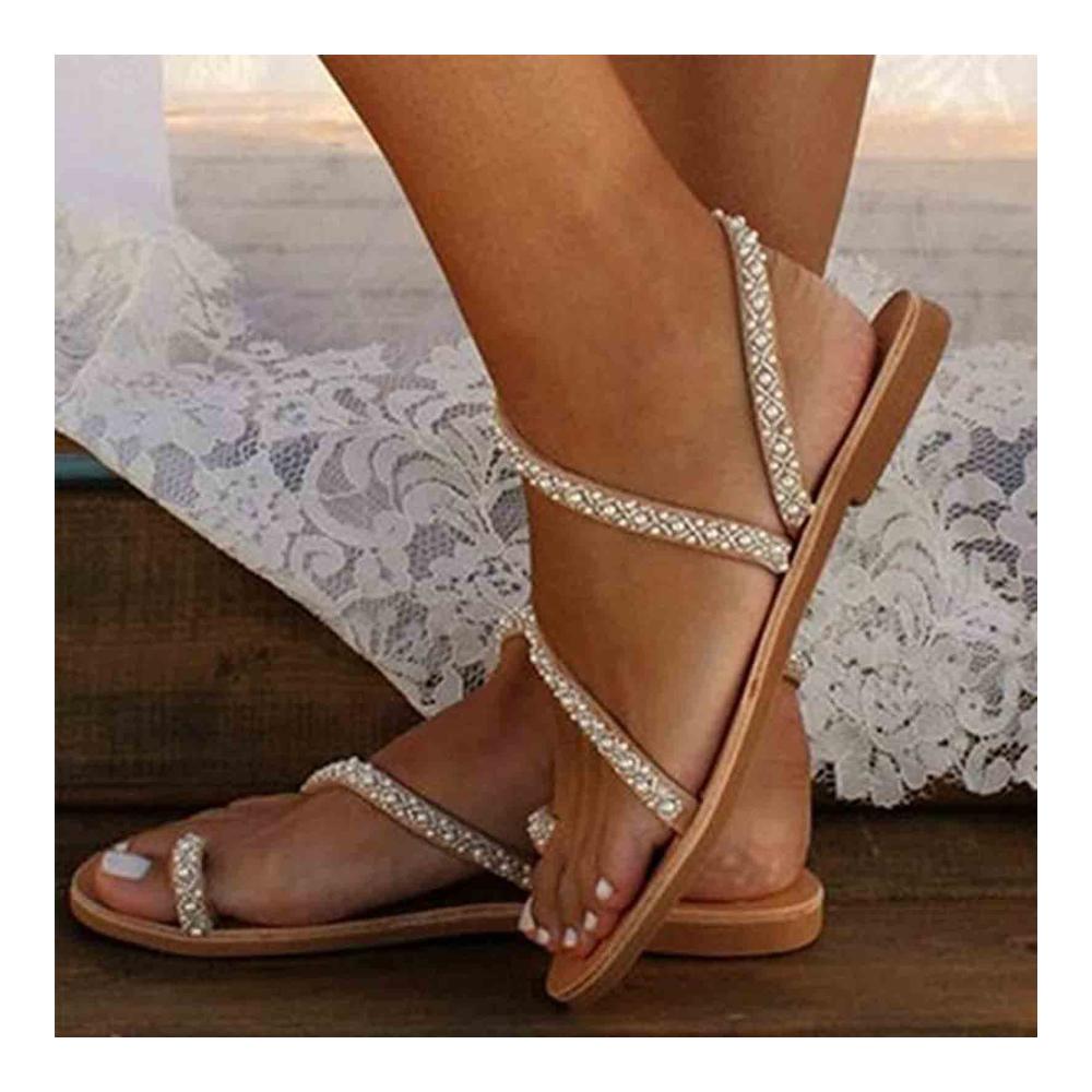 Entdecke den sommerlichen Charme Damen Sandalen in Weiß mit Riemen Strass und Vintage-Stil. Perfekt für Strandspaziergänge oder Freizeit Größe 40