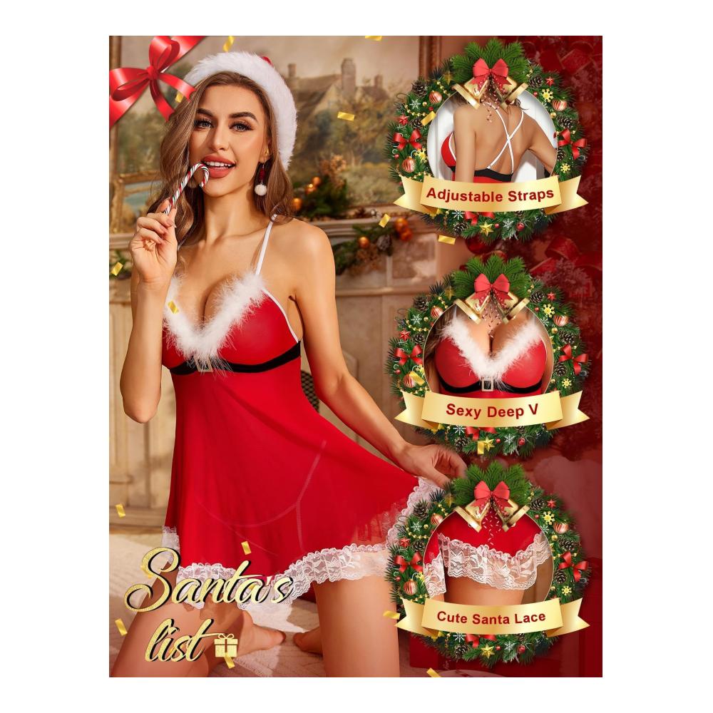 Verführerisches Damen Weihnachts Dessous-Set Santa Babydoll mit Spitze und Nachthemden perfekt für Festtage. Entdecken Sie unsere exquisiten Dessous-Sets jetzt