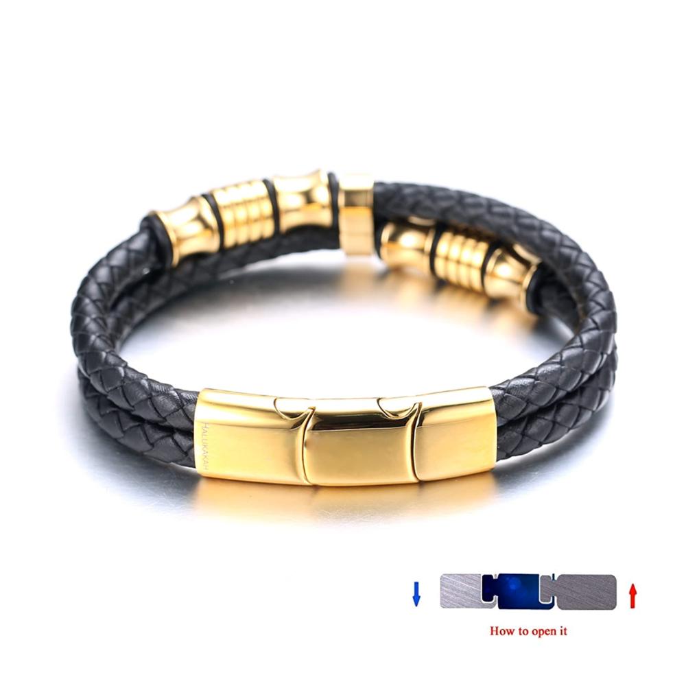 Edler Schmuck für junge Herren Kinder • Ehre Junior • Jungen Armband aus echtem Schwarzem Rindsleder mit Magnetverschluss aus Edelstahl. Gold- und Silberperlen veredelt mit Echtgold/Platin. Inklusive Geschenkbox für 6-12 Jährige. Größe 18-19.5cm