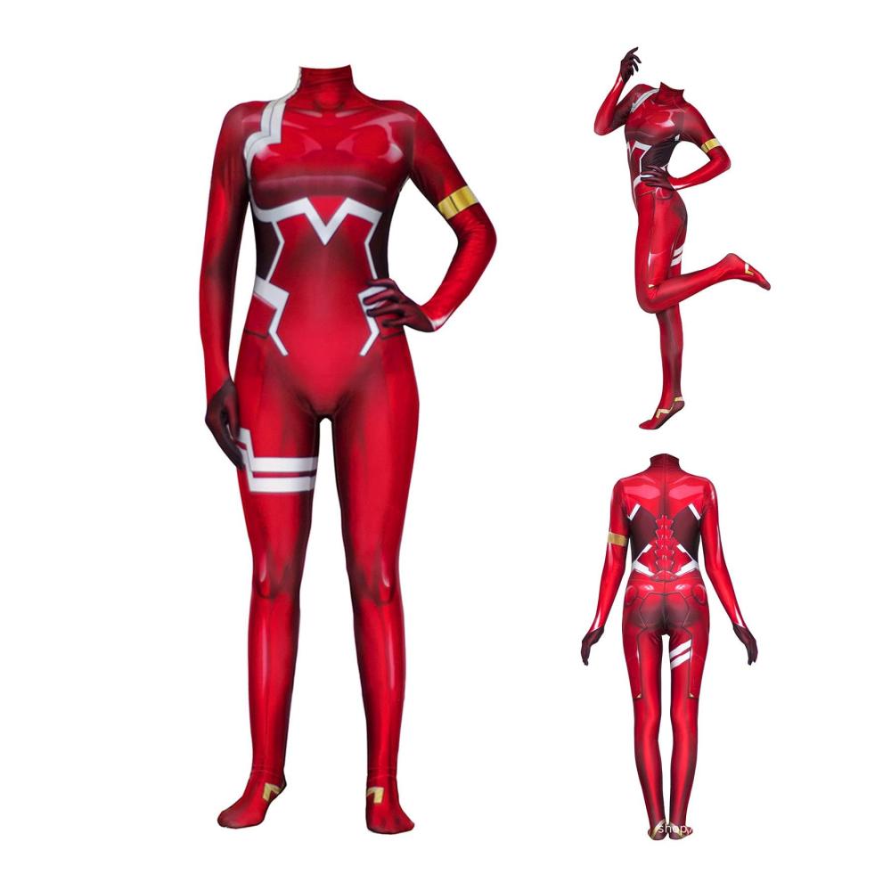 Cosplay-Kostüm Darling in The FRANXX 02 Zero Two | Rotes Battle Suit Jumpsuit für Halloween Party & mehr | Attraktiver Onesie für Cosplayer & Anime-Fans
