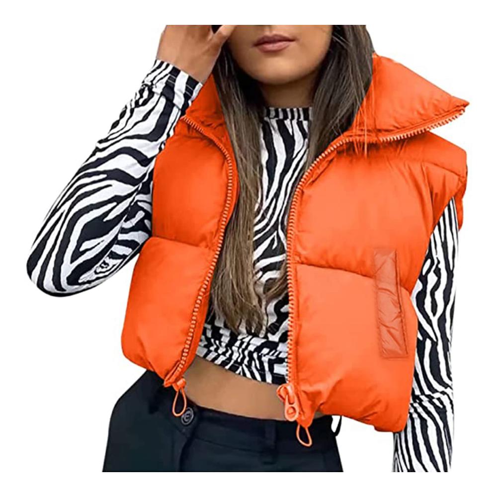 Erhalten Sie stilvoll warm Damen Winter Weste - Leichte ärmellose Crop-Weste mit Stehkragen doppelseitiger Jacke und Puffer-Design. Perfekt für kalte Tage