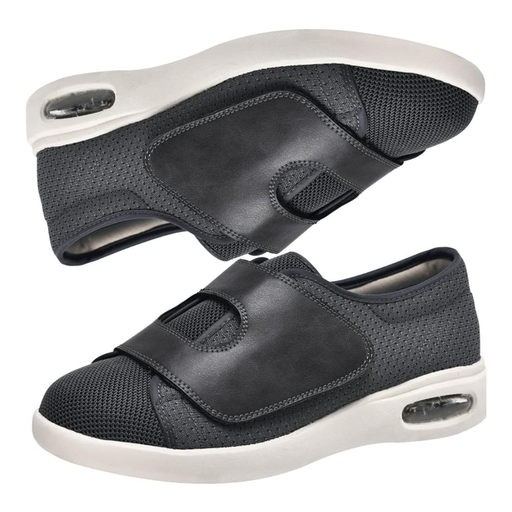 Leichter atmungsaktiver Schwarzhgrauer Sneaker für geschwollene Füße und Diabetiker in Größe 48. Verstellbare Riemen für einfaches An- und Ausziehen