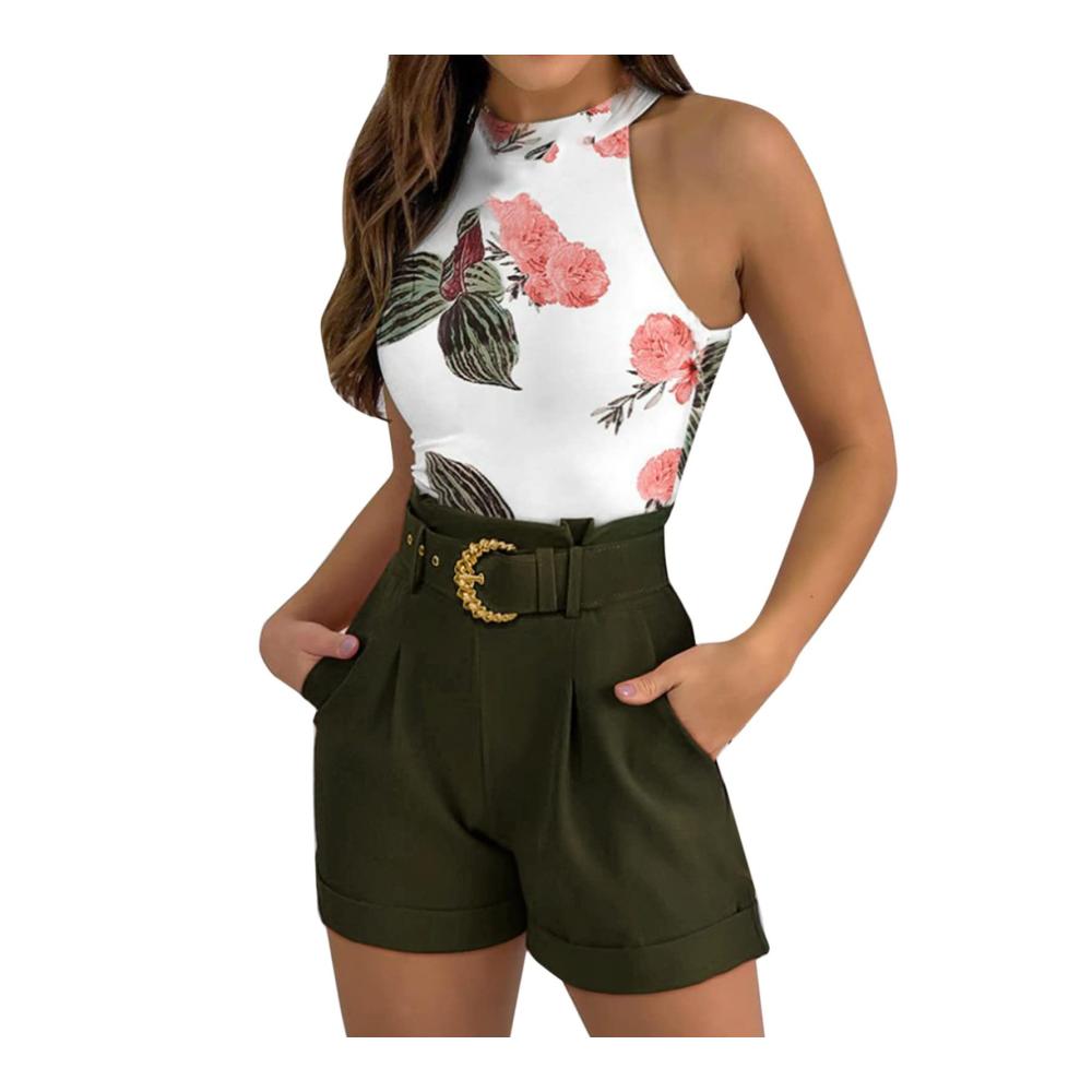 Entzückendes Pandabär-Kostüm Damen Casual Fashion Set mit Blumendruck Basic Tank Top & Shorts komplett mit Gürtel. Perfekt für stilvolle Sommer-Looks