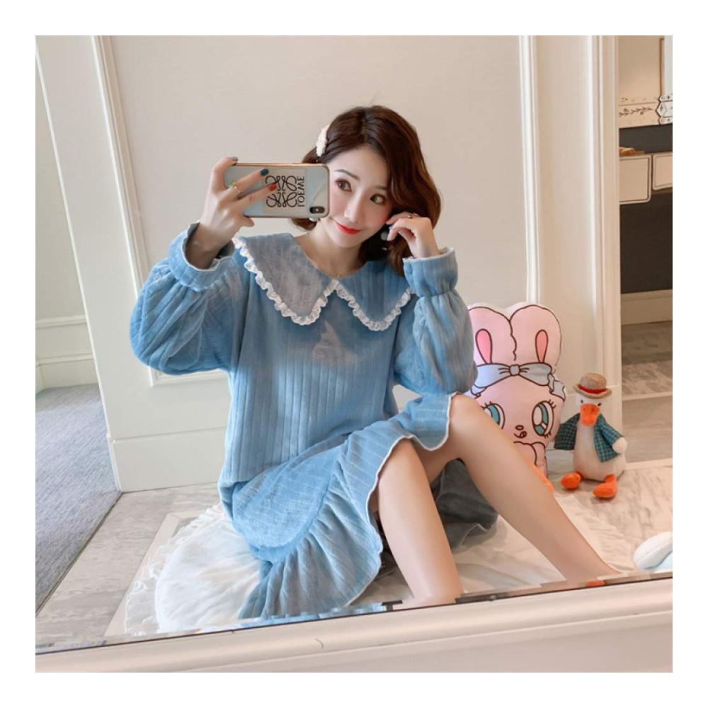 Gemütliche Baumwolle Damen Herbst Loungewear Cardigan Nachthemd Flanell Pyjama Blue-(M) – Perfektes Nachthemd für erholsame Nächte! Erhalten Sie Ihren Stil und Komfort