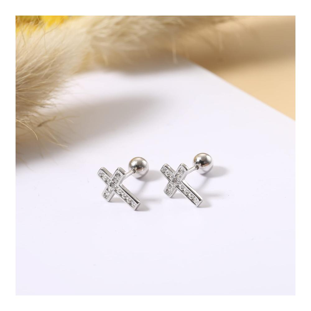 Brillante Eleganz Sllaiss 925 Sterling Silber Kreuz Ohrstecker Set mit Zirkonia. Schraubverschluss für sicheren Halt. Perfekte Wahl für stilvolle Frauen