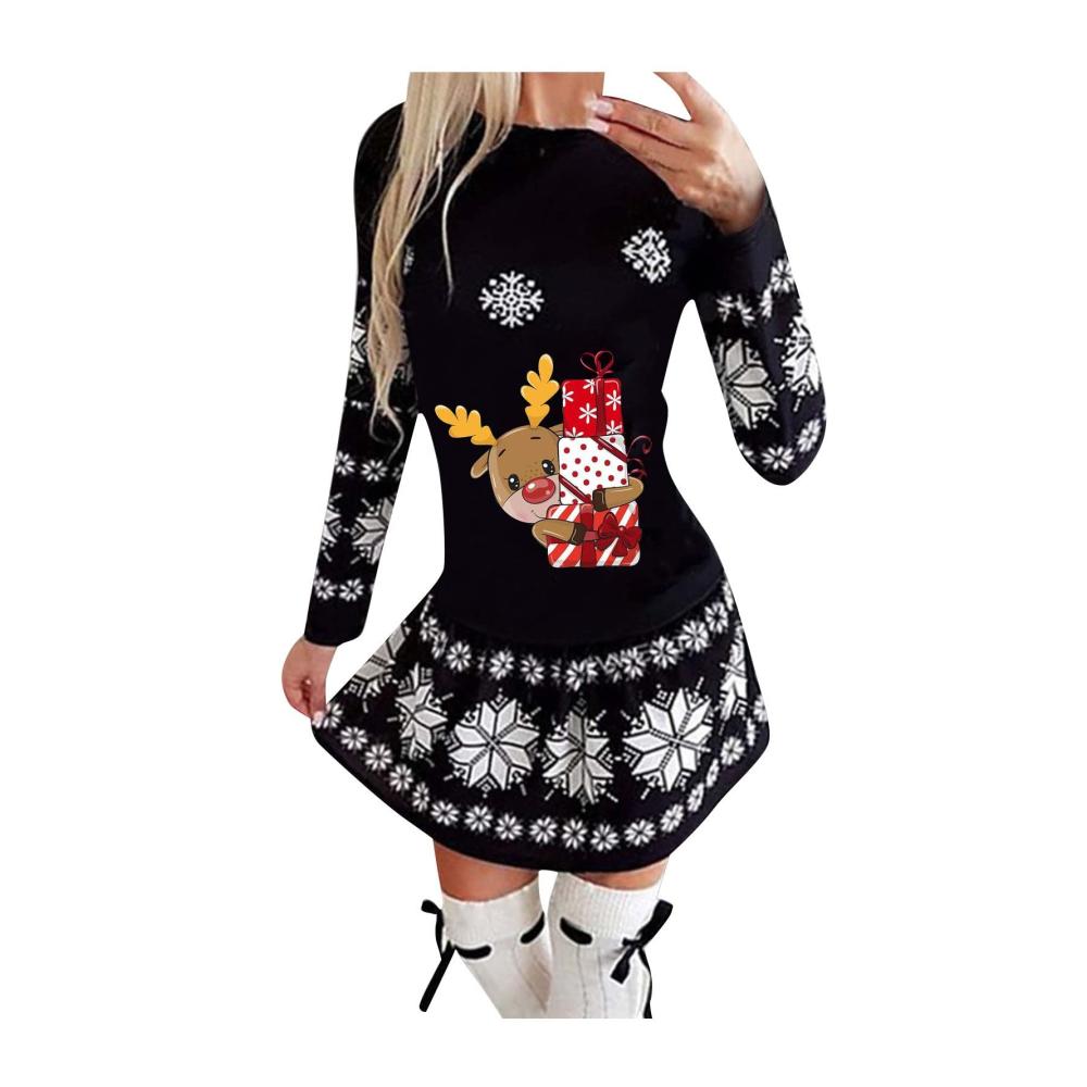 Entdecken Sie den festlichen Zauber Damen Ugly Weihnachten Langarm Kleid mit Elchmuster - Stilvoll schlank und perfekt für die Party! Gönnen Sie sich diesen Winterzauber