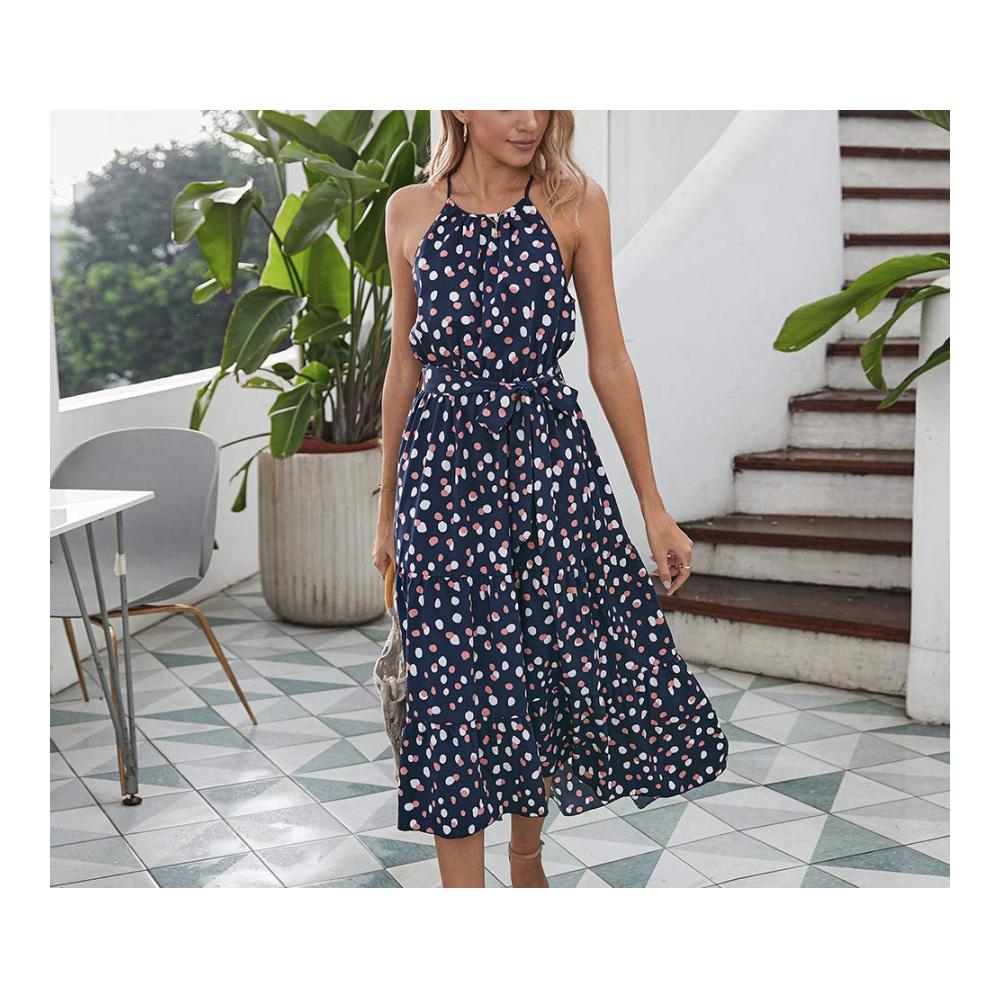 Freizeit Damen Sommerkleid Polka Dot Vintage Boho Midikleid Knielänge Kurzarm Strandkleid Blue-XL – Trendiges Outfit für entspannte Tage
