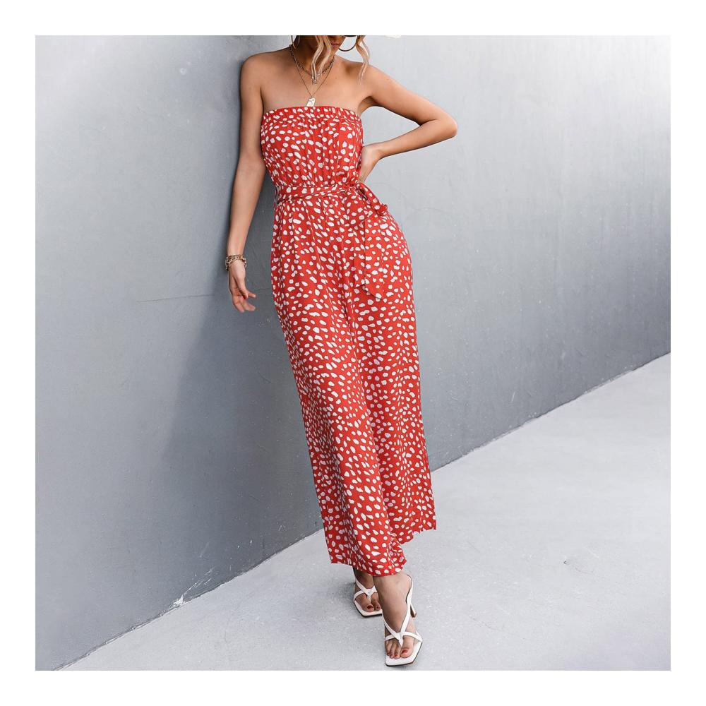 Entdecke den Sommer in voller Blüte Damen Jumpsuit – Schulterfrei Bandeau-Print weites Bein! Stilvoll und verspielt der perfekte Begleiter für sonnige Tage. Jetzt in Orange