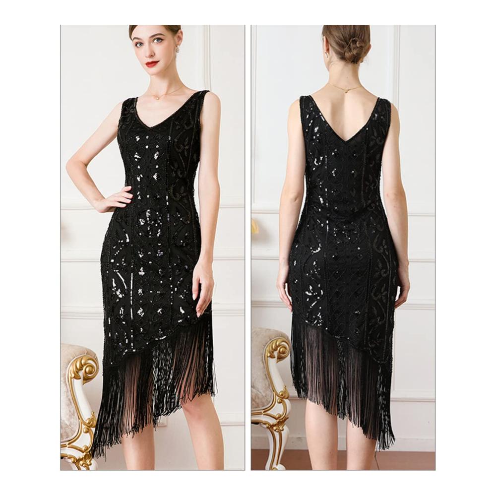 Entdecken Sie den zeitlosen Glamour Elegantes Cocktailkleid der 1920er Jahre mit Pailletten Perlen und Fransen für besondere Anlässe! (Schwarz XL