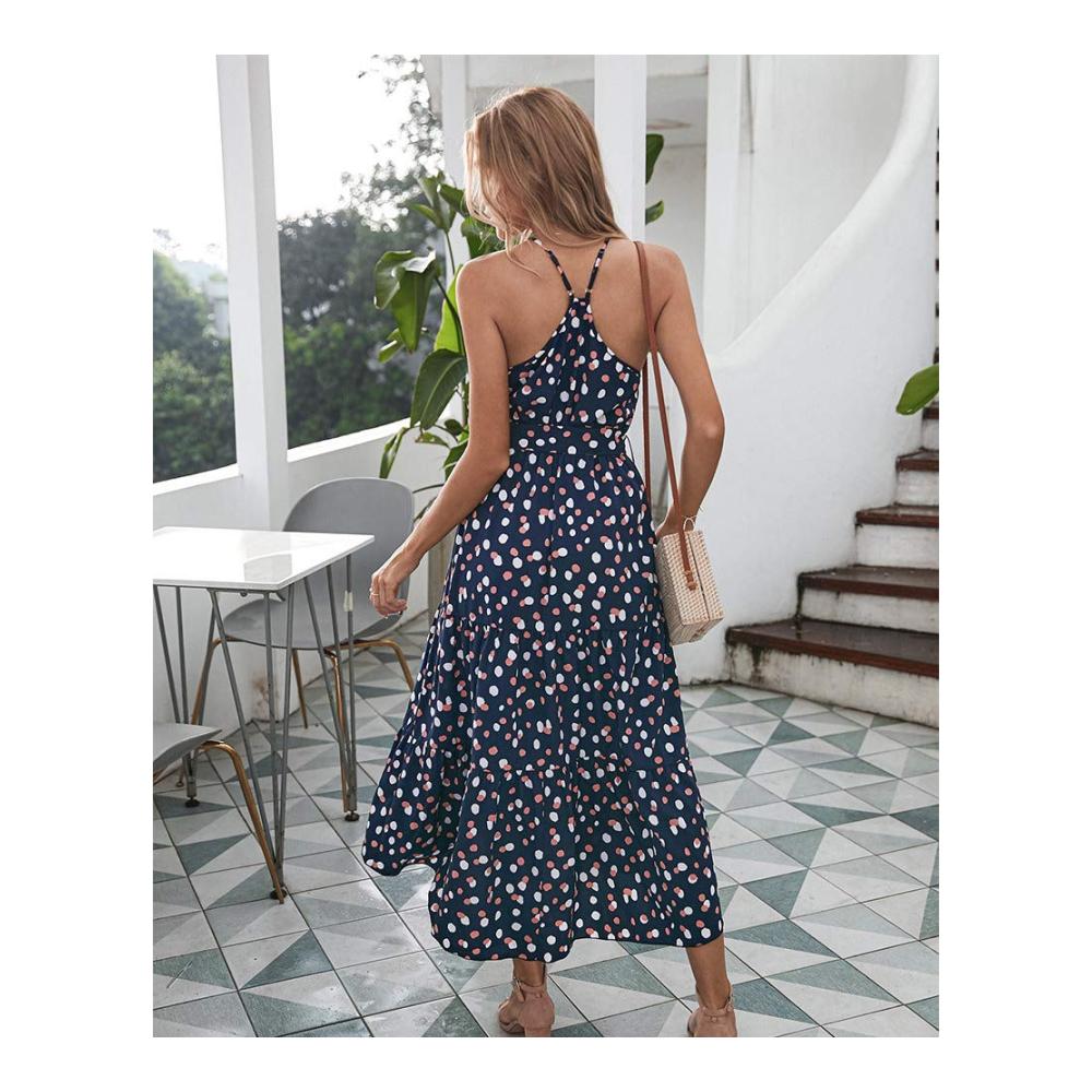 Freizeit Damen Sommerkleid Polka Dot Vintage Boho Midikleid Knielänge Kurzarm Strandkleid Blue-XL – Trendiges Outfit für entspannte Tage